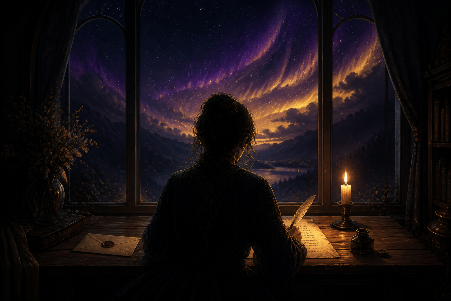 Writing by candlelight beneath the aurora